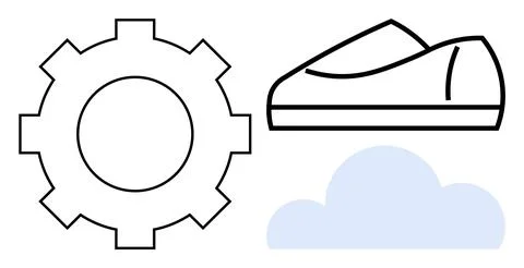Simplified Gear, Shoe, and Cloud Symbolizing Technology, Footwear, and Envi.. Illustrazione stock
