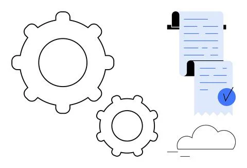Simplified Gears and Document with Check Mark for Workflow and Efficiency Stock Illustration