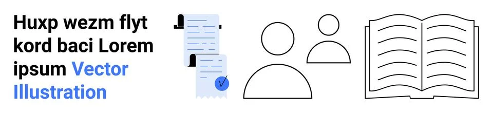 Simplified Graphic of Document with Text, Human Figures, and Open Book Stock Illustration