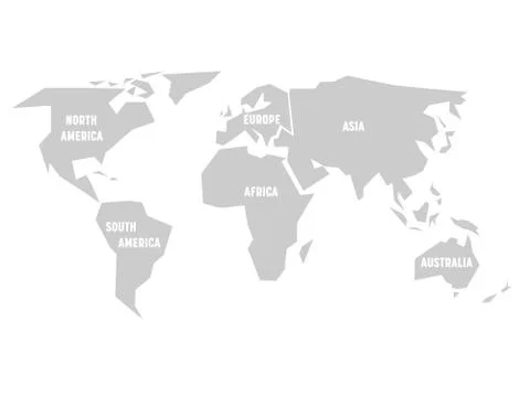 Simplified grey silhouette of world map divided to six continents. Simple flat Stock Illustration