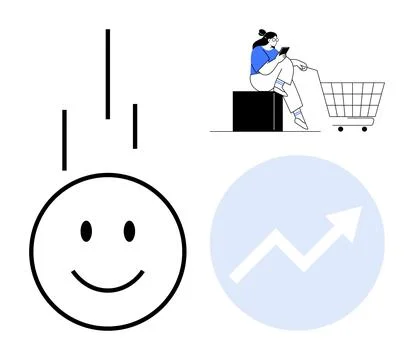 Simplified happy Face with Growth Chart and Woman Using Smartphone in Shopp.. Ilustração Stock