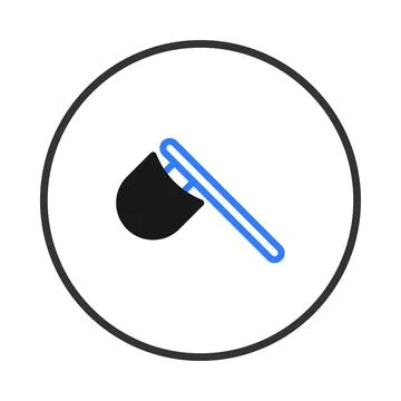 Simplified icon of an axe tool with black blade and blue handle enclosed in.. Illustration