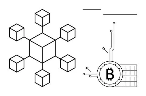 Simplified image featuring a network of interconnected cubes and a Bitcoin sy Stock Illustration