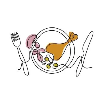 Simplified image of tasty meal. Dinner in line art style. Stock Illustration