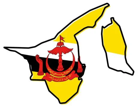 Simplified map of Brunei outline, with slightly bent flag under it. Simpli... Stock Photos