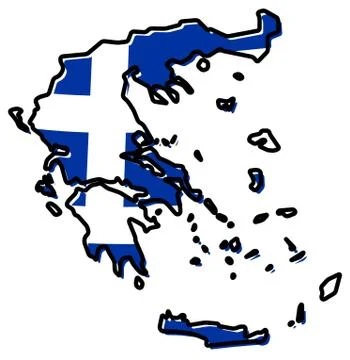 Simplified map of Greece outline, with slightly bent flag under it. Stock Illustration