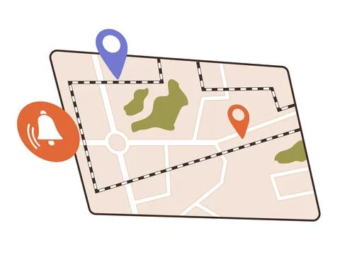 Simplified map with location markers and notification symbol Stock Illustration