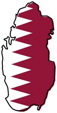 Simplified map of Qatar outline, with slightly bent flag under it. Simplif... Stock Photos