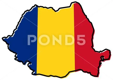 Simplified map of Romania outline, with slightly bent flag under it ...