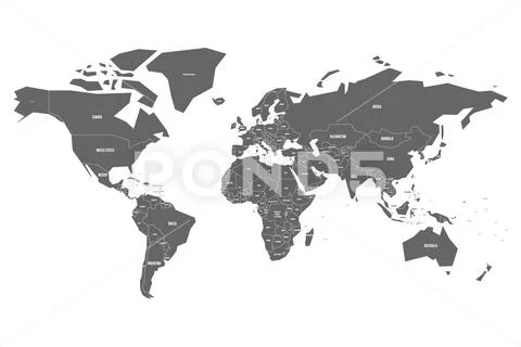 Simplified map of World in grey with country name labeling. Schematic vector map Stock Illustration