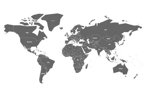 Simplified map of World in grey with country name labeling. Schematic vector map Stock Illustration