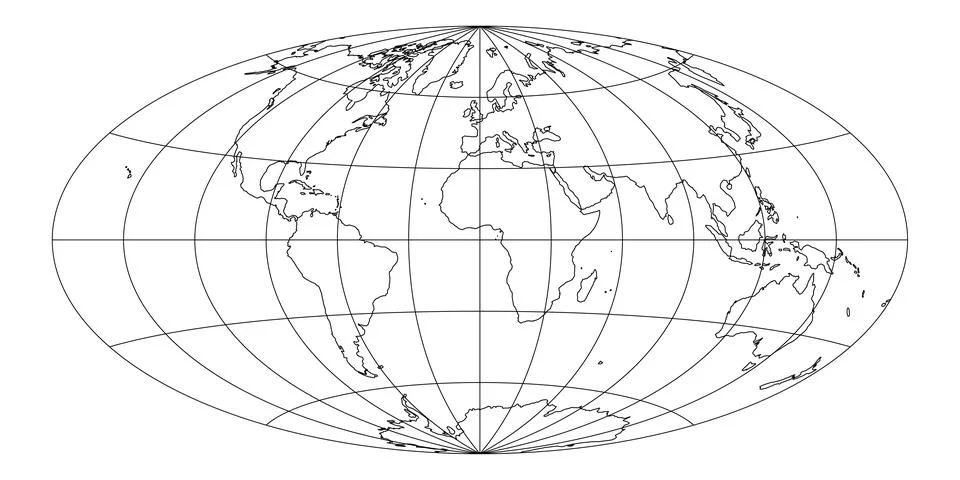 Simplified Map of World with latitude and longitude grid Stock Illustration