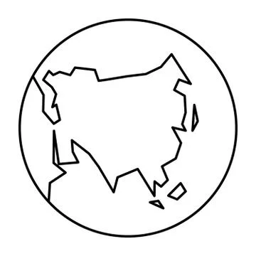 Simplified outline Earth globe with map of World focused on Asia. Vector Stock Illustration