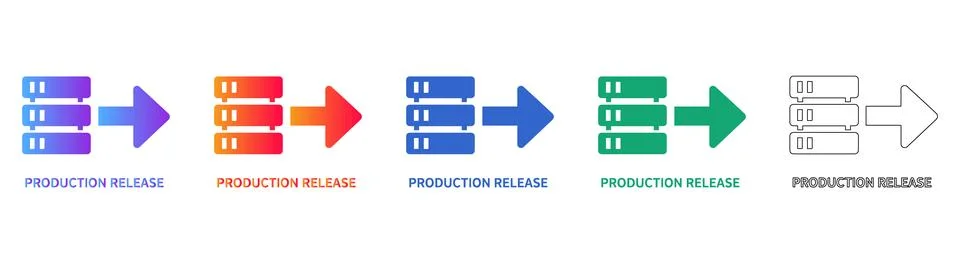 Simplified Production Release Server Icons with Data Flow Arrow Set Stock-Illustration