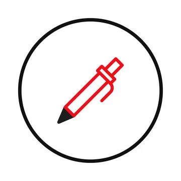 Simplified red pen icon inside a black circle frame creative writing and de.. Stock Illustration