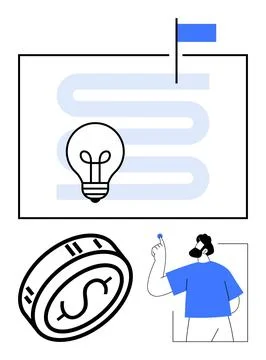 Simplified Success Pathway Concept with Light Bulb, Coin, and Person Holding イラスト素材