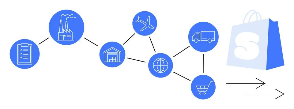Simplified Supply Chain Process with Shopping Bag At End Stock Illustration