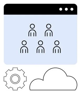 Simplified Team Collaboration Concept with Browser, Gear, and Cloud Icons Stock Illustration