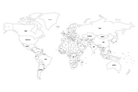 Simplified vector map of World. Thin black outline on white background Stock Illustration