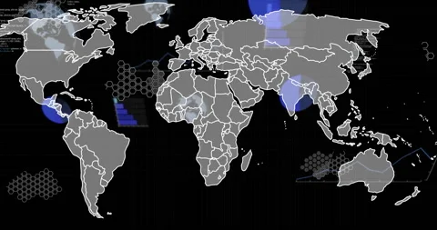 Simplified world map animating with data overlays on striped grid with hexagon Stock Footage 307428384
