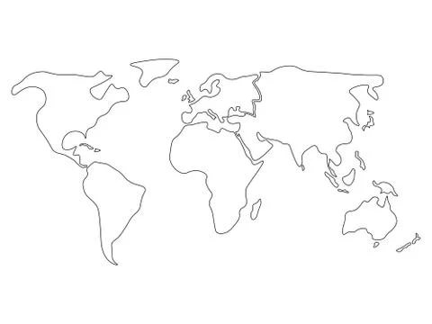 Simplified world map divided to continents. Simple black outline Stock Illustration