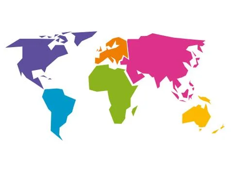 Simplified world map divided to six continents in different colors. Simple flat Stock Illustration