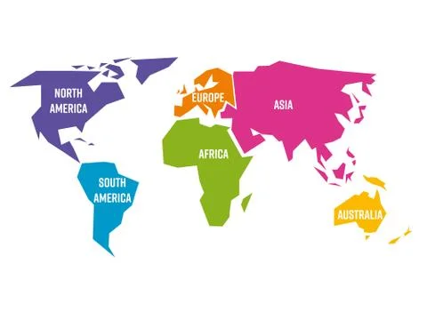 Simplified world map divided to six continents in different colors. Simple flat Stock Illustration