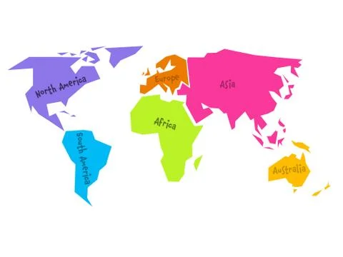 Simplified world map divided to six continents in different colors. Simple flat Stock Illustration