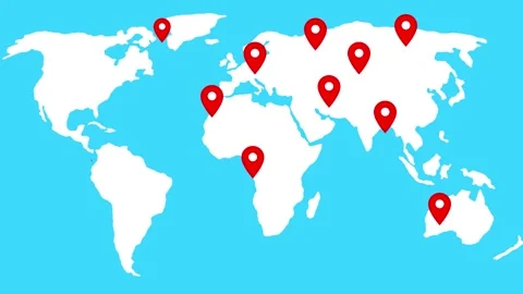 Simplified world map location pins marking various continents animation Stock Footage 337062319
