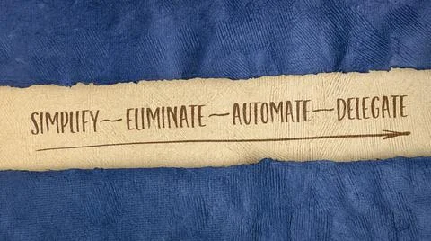 Simplify, eliminate, automate, delegate concept on napkin Stock Photos