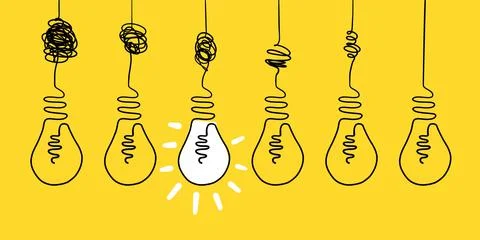 Simplifying complex process concept. Doodle lightbulb on yellow background Stock Illustration