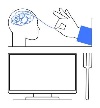 Simplifying Mental Thoughts Concept with Hand Unraveling Mind and Computer .. Illustrazione stock