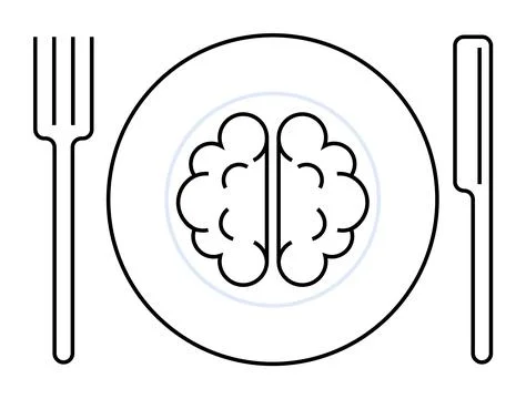 A simplistic black and white illustration of a brain on a dinner plate, flank Stock Illustration