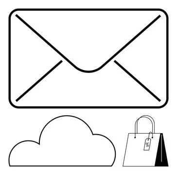 Simplistic Black Outlined Envelope, Cloud, and Shopping Bag with Price Tag - Stock Illustration