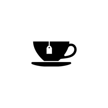 Simplistic black tea cup icon with tea bag on saucer Stock Illustration