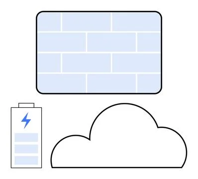 Simplistic blocks representing a firewall, a battery with power symbol, and a Ilustração Stock