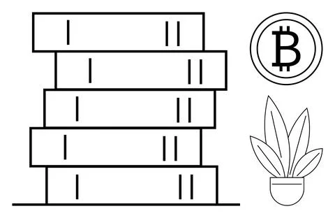 Simplistic Books Stack with Cryptocurrency and Plant Elements in Black and .. Stock Illustration