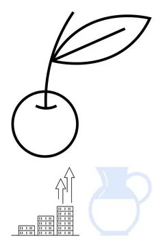 Simplistic cherry with leaves, glass milk jug, vertical graphs over buildings Stock-Illustration