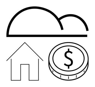 Simplistic cloud, house, and coin elements convey technology, homeownership,  Illustrazione stock