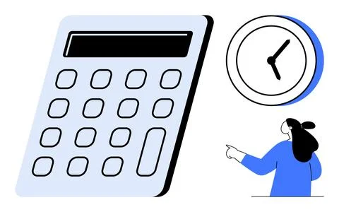 Simplistic Design of Calculator, Clock, and Person Pointing Emphasizing Tim.. 스톡 일러스트
