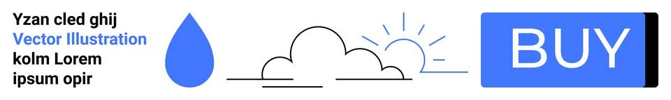 Simplistic design concept with a raindrop, cloud, sun, and a BUY button in .. Stock Illustration