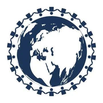 Simplistic Earth Icon Surrounded by Human Figures in Circular Design Stock Illustration