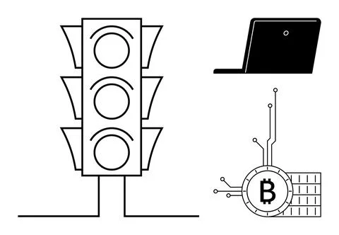 Simplistic graphic with a outlined traffic light, a laptop, and a Bitcoin sym Stock Illustration