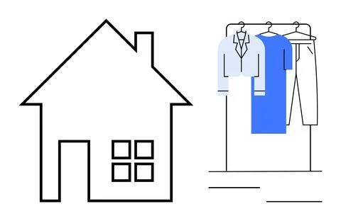 Simplistic House Outline Next to a Hanging Rack with Clothing Items Stock Illustration