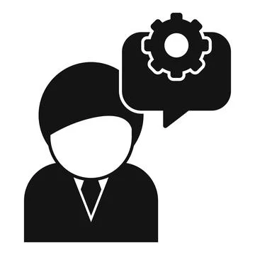 Simplistic icon of a person with a speech bubble containing a gear, symbolizing Stock Illustration