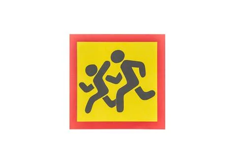 Simplistic illustration of two running figures on a yellow sign with red bo.. Stock Photos