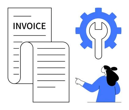 Simplistic image of an invoice document and a blue gear icon with a wrench in Illustrazione stock