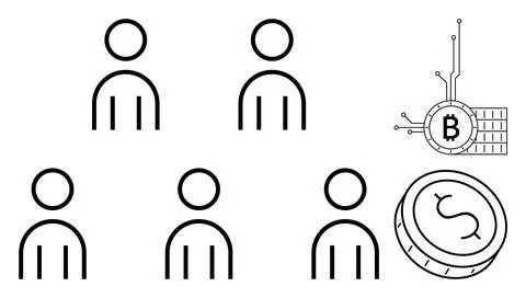 Simplistic line art showing five generic human figures and symbols of cryptoc Stock Illustration
