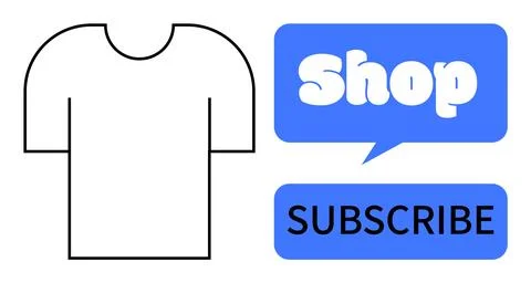 Simplistic line-drawn tshirt outline next to blue speech bubble labeled Shop  Stock Illustration
