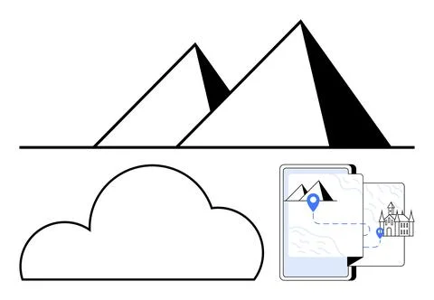 Simplistic Pyramid and Cloud Sketches with a Digital Map Highlighting Landmar Stock Illustration